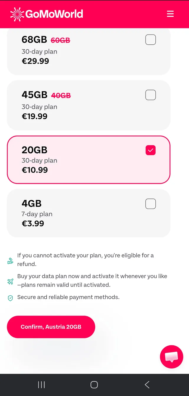 Proces nákupu GoMoWorld eSIM krok 1