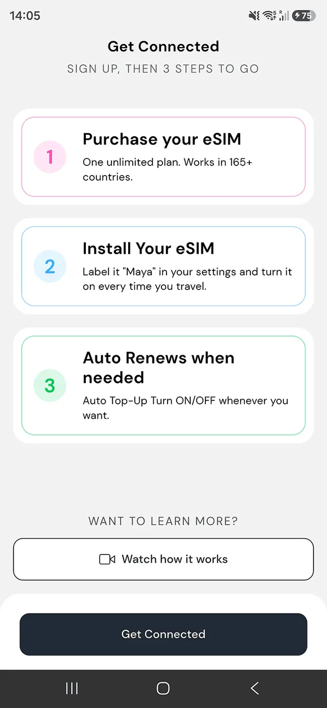 Maya Mobile app onboarding with three steps