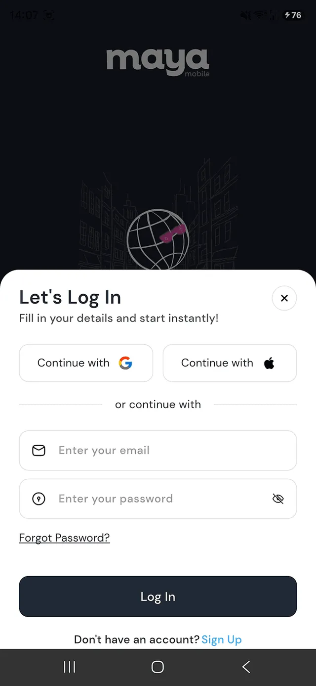 Maya Mobile app login with Google and Apple