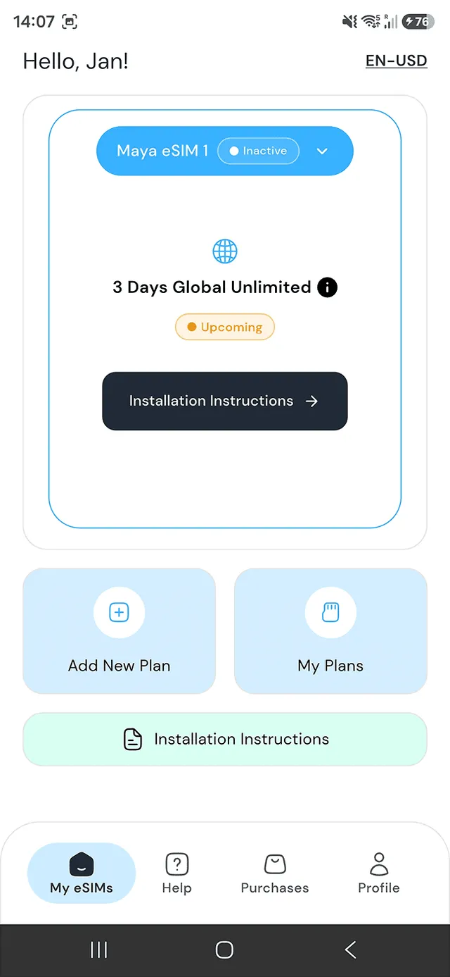 Maya Mobile app home screen My eSIMs