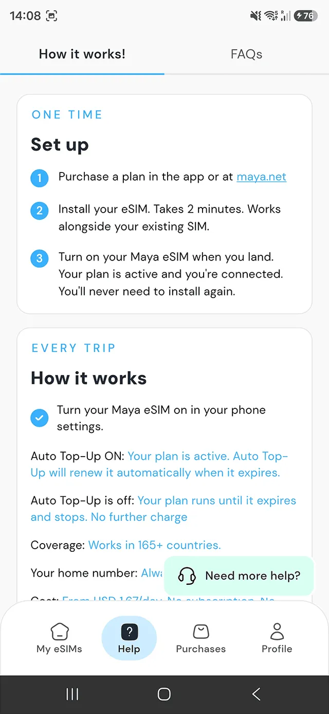 Maya Mobile app Help tab with support button