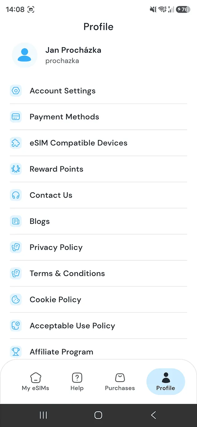 Maya Mobile app profile menu
