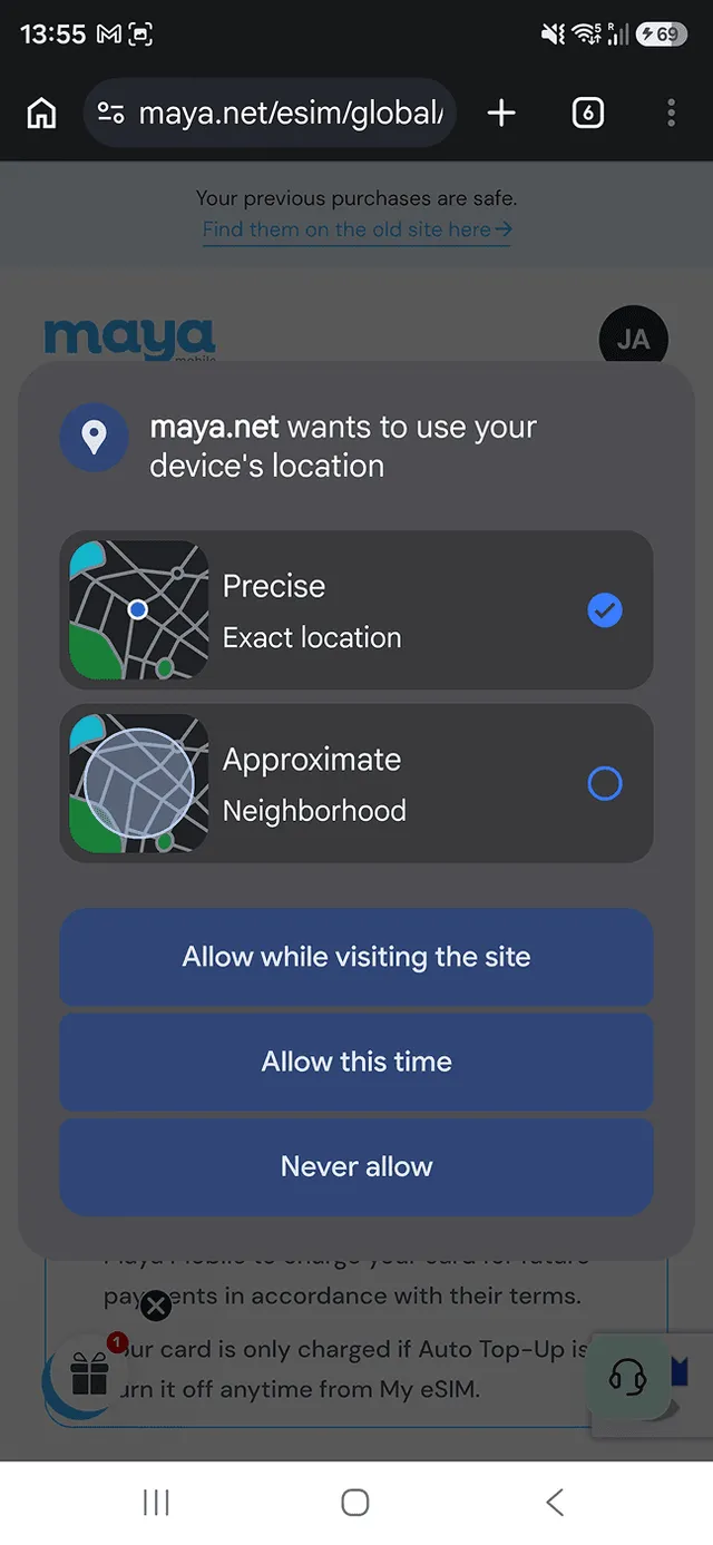 Maya Mobile checkout asking Chrome for location