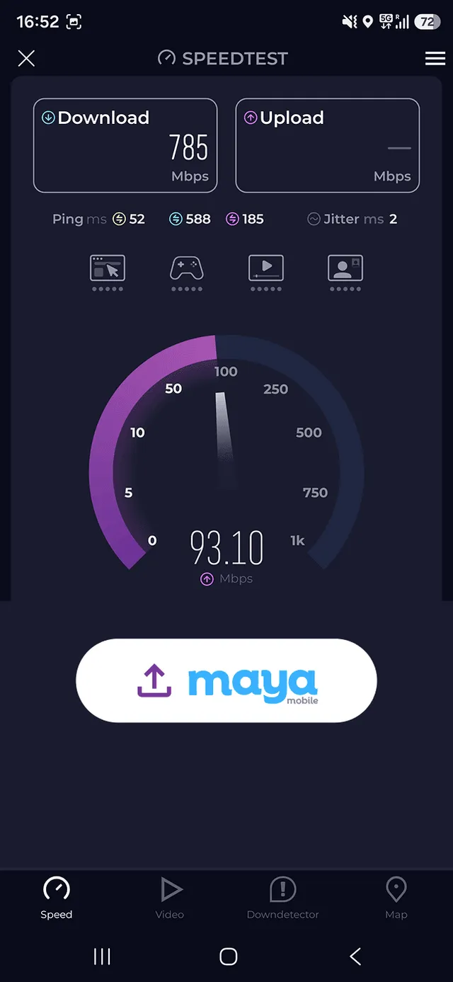 Maya Mobile speed test 785 Mbps download result
