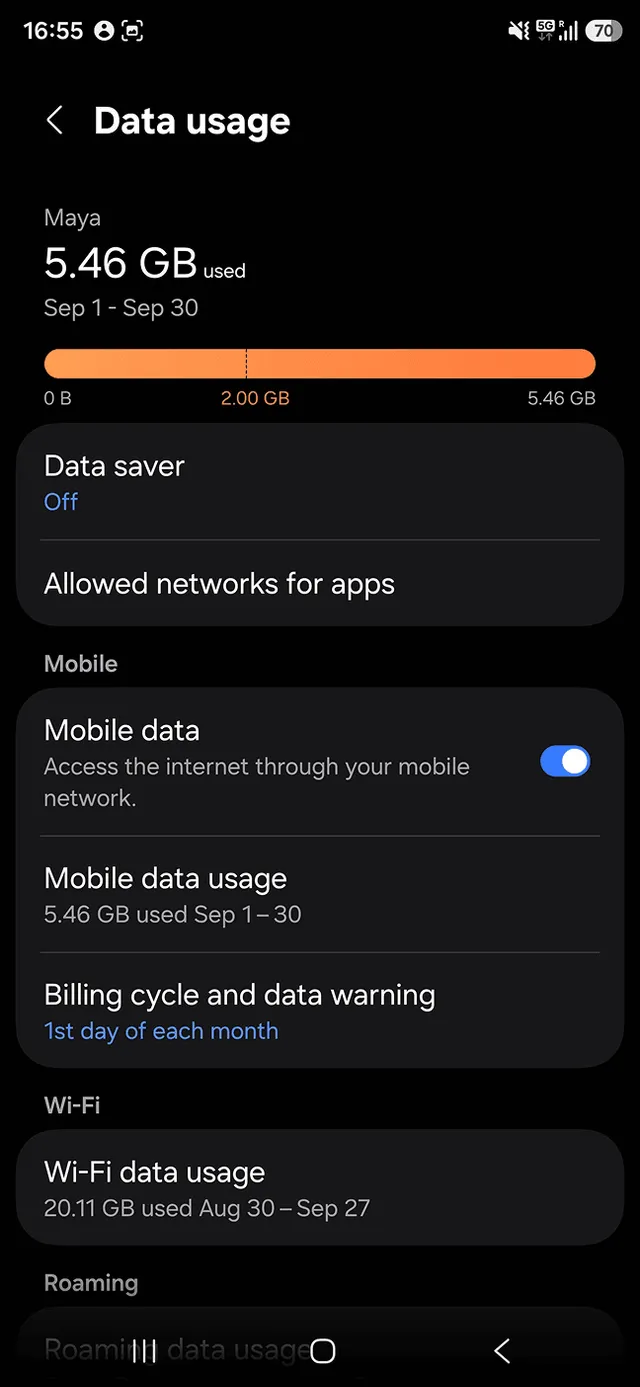 Maya Mobile data usage 5.46 GB on Android