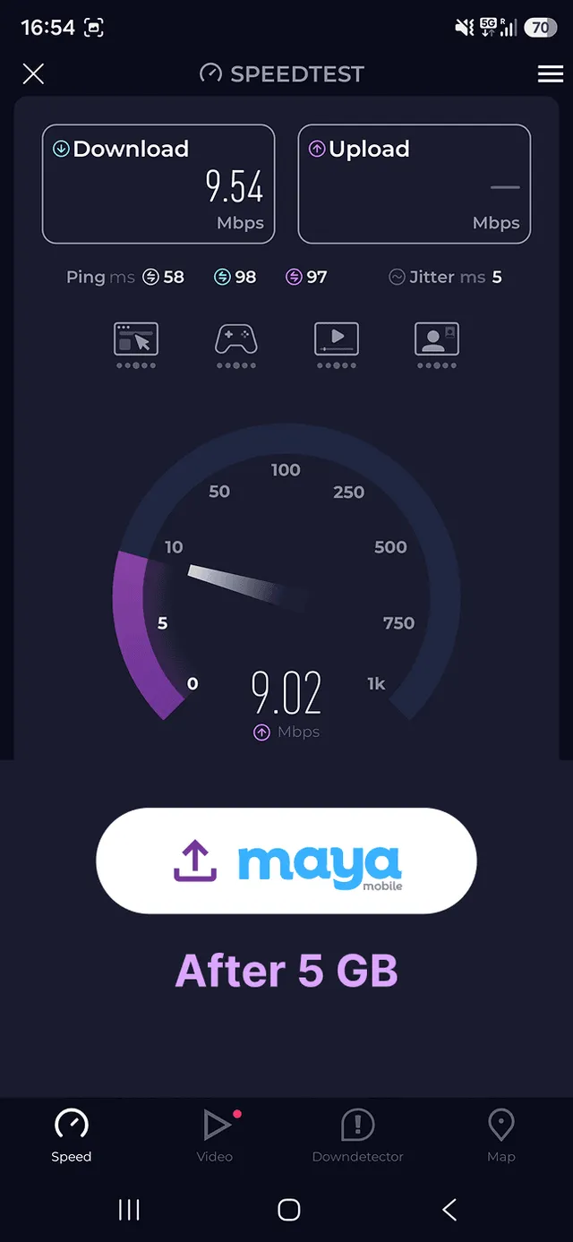 Maya Mobile speed test after 5 GB, 9.54 Mbps