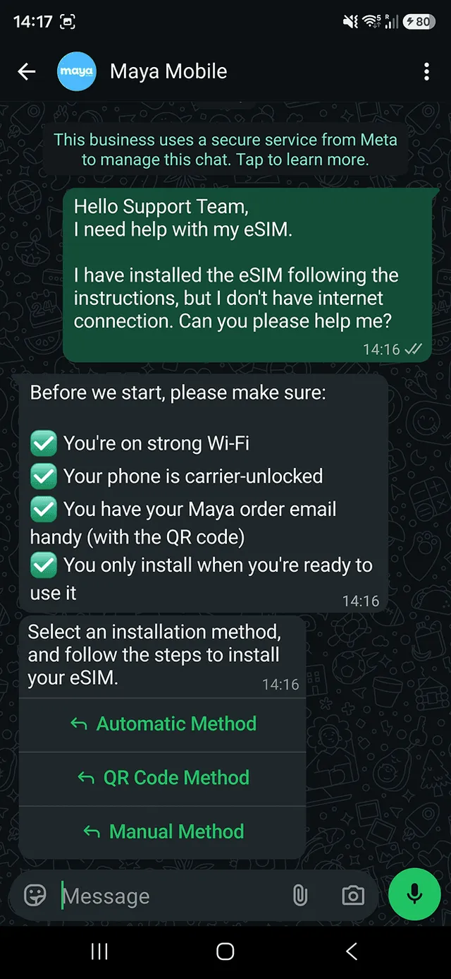 Maya Mobile WhatsApp bot first replies