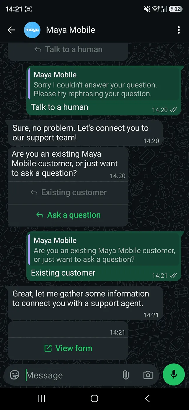 Maya Mobile WhatsApp bot escalation to human