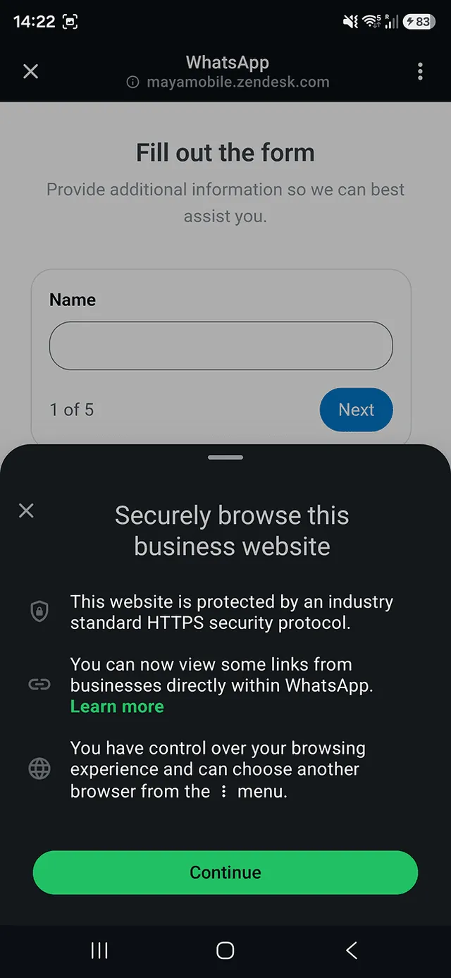 Maya Mobile Zendesk form inside WhatsApp