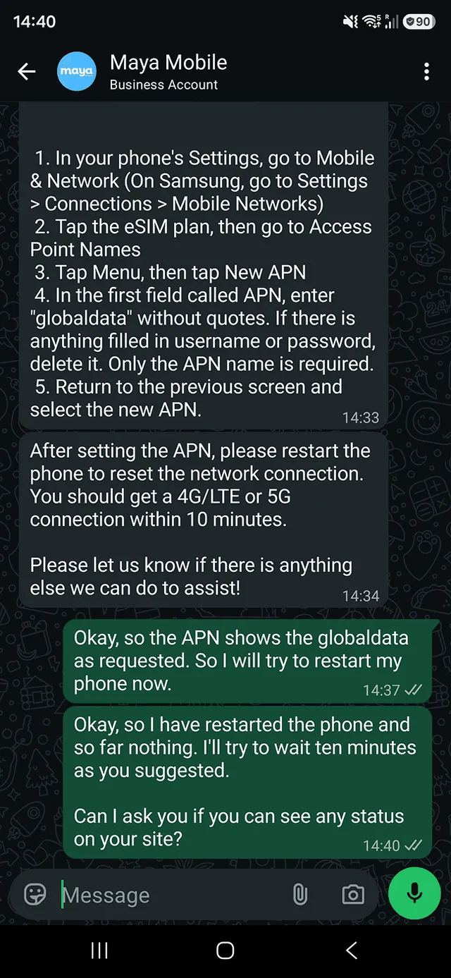 Maya Mobile agent APN instructions on WhatsApp