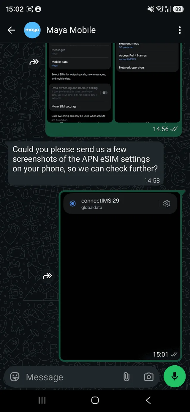 Maya Mobile support asking for APN screenshots