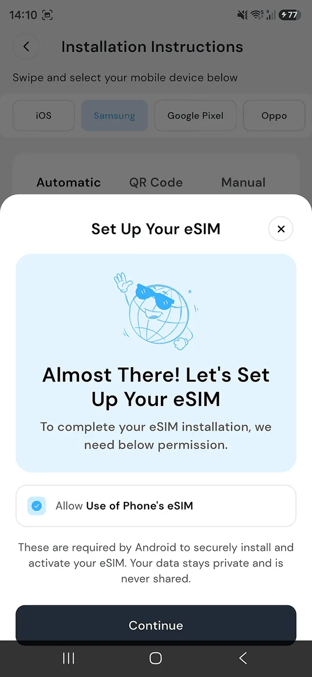 Maya Mobile eSIM installation step 2, permission explained