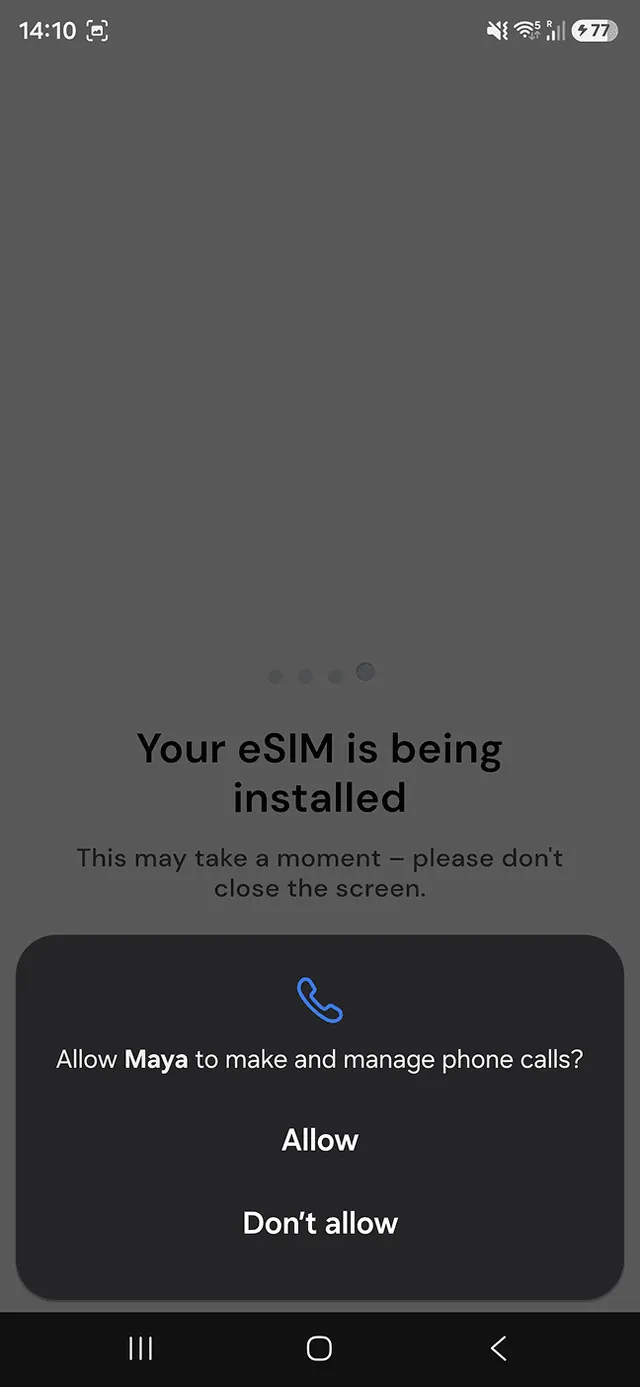 Maya Mobile eSIM installation step 3, phone permission