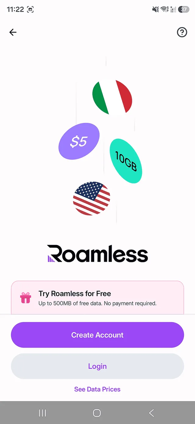 Roamless welcome screen with free data banner
