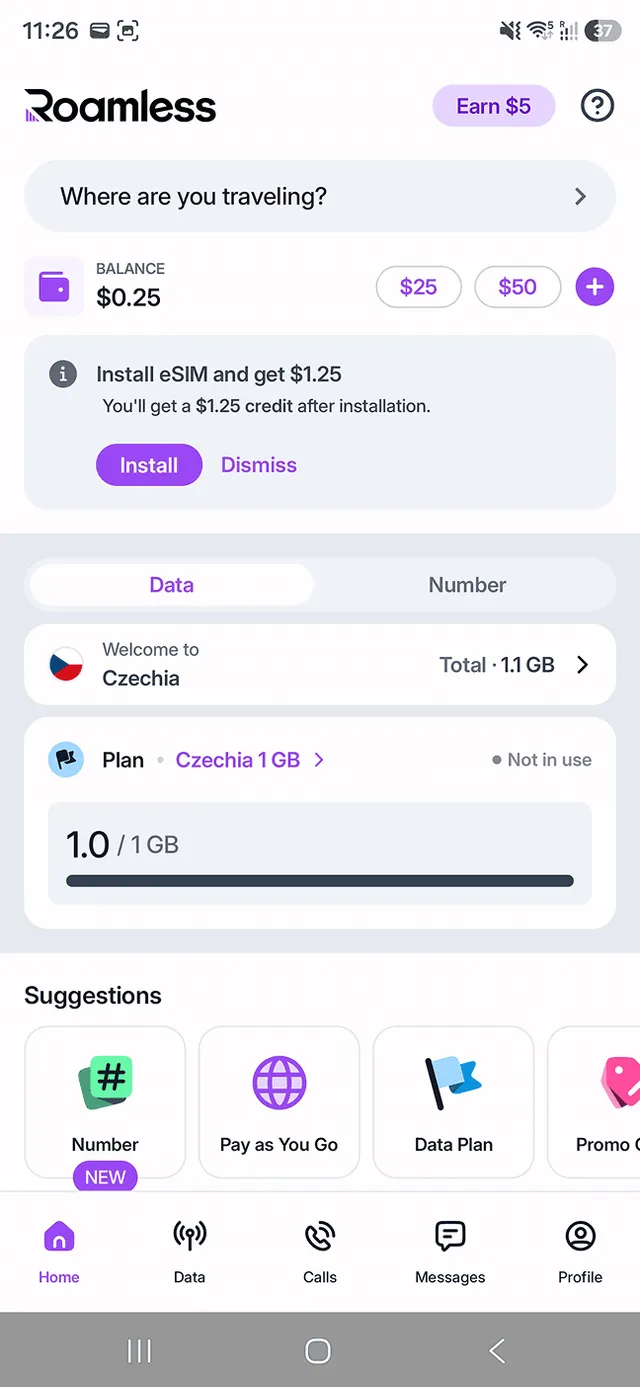 Roamless home tab with balance and plan