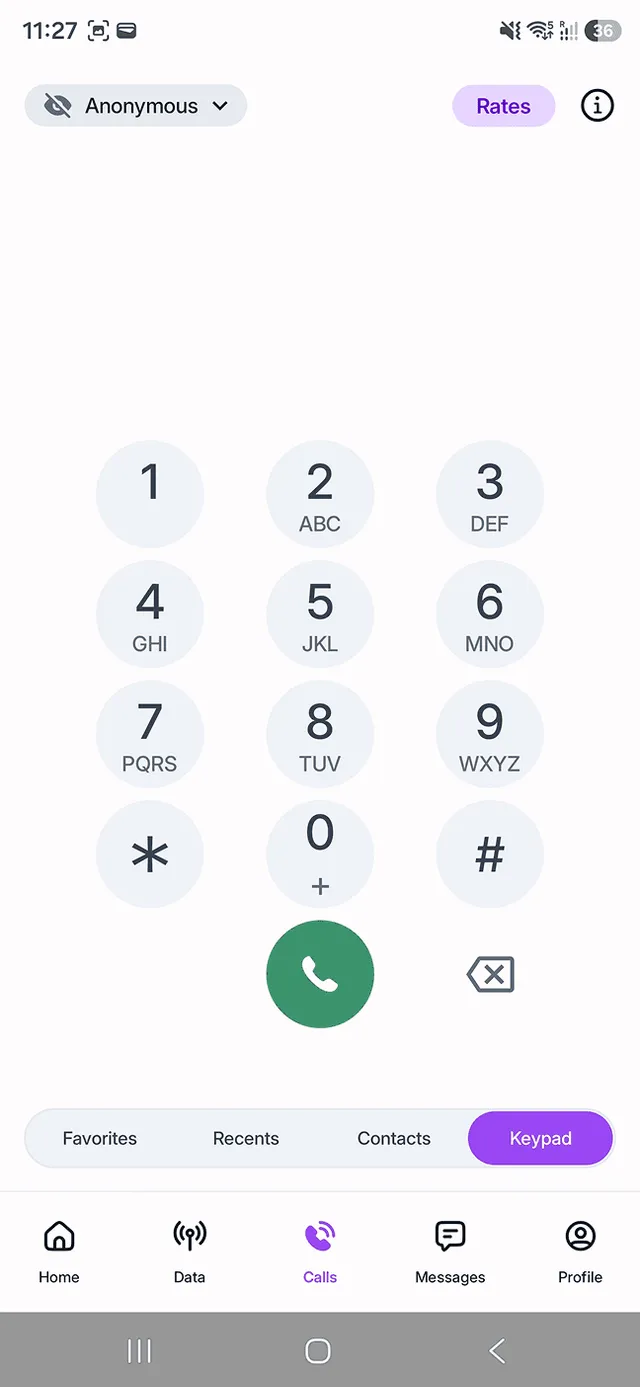 Roamless Calls tab with dialer