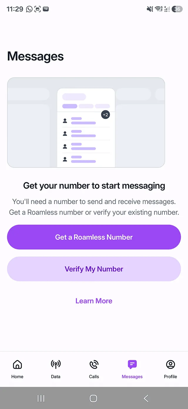 Roamless Messages tab asking for a number
