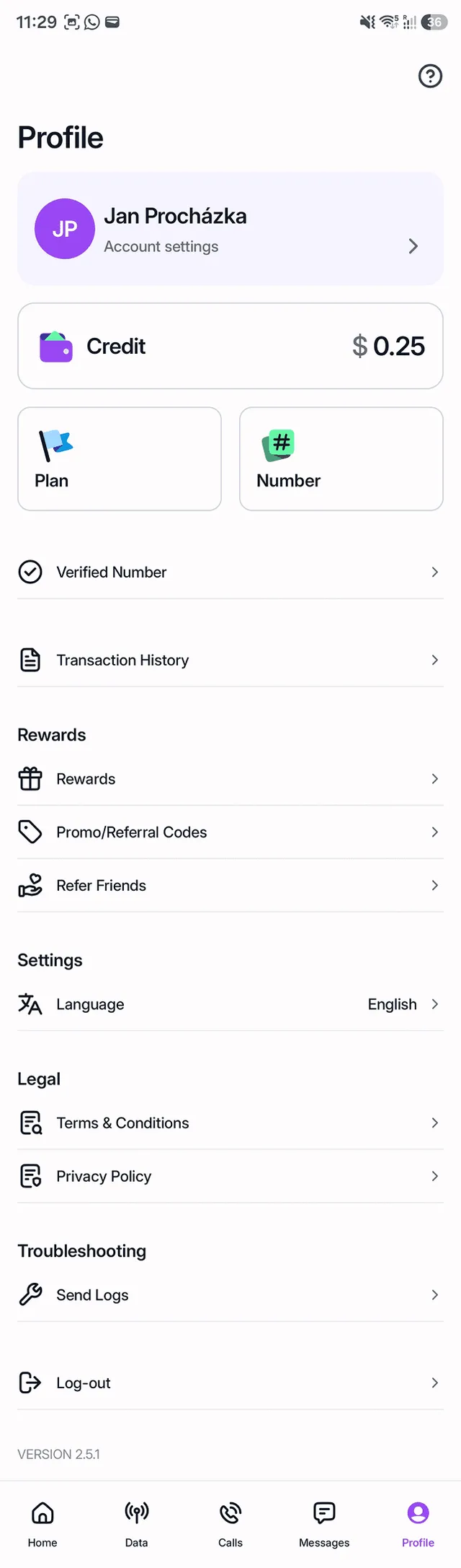 Roamless Profile tab, app version 2.5.1