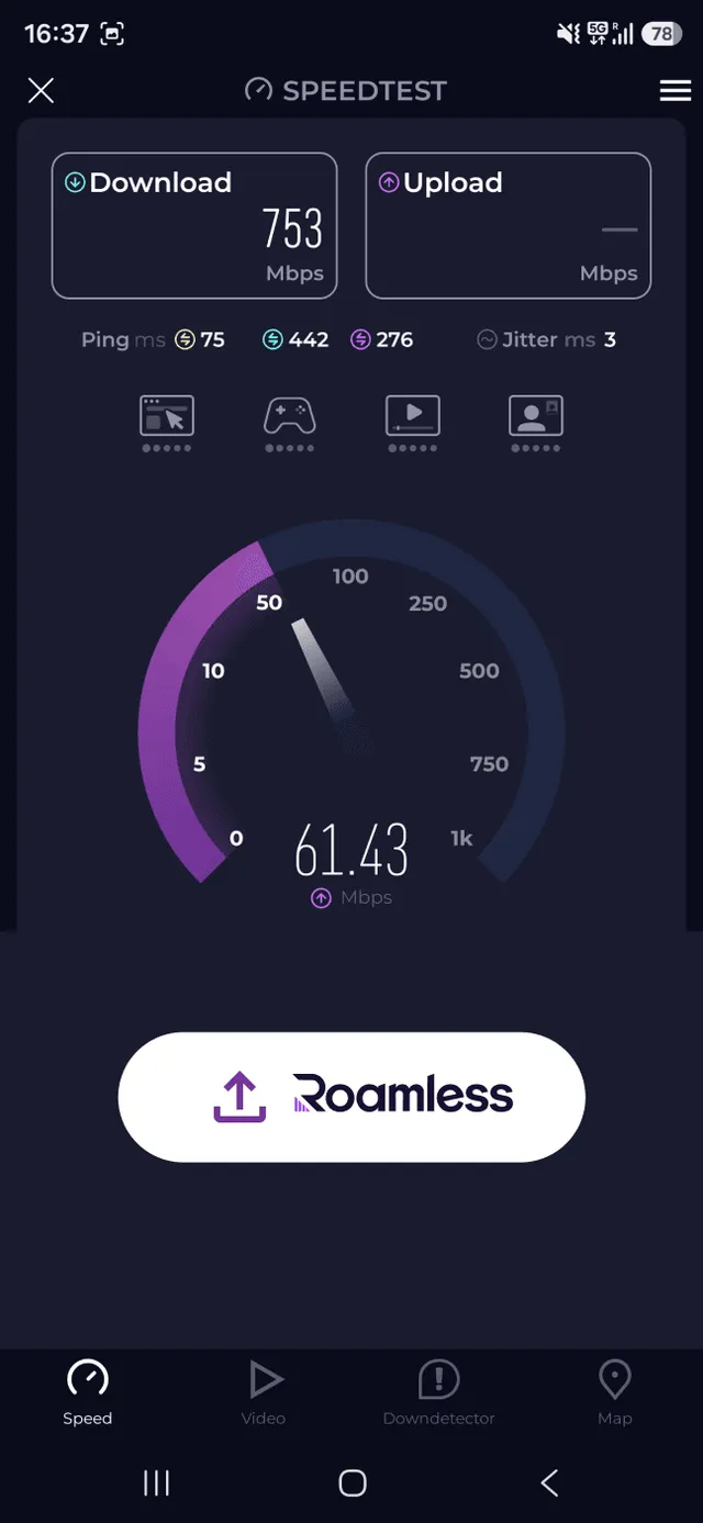 Roamless speed test 753 Mbps download