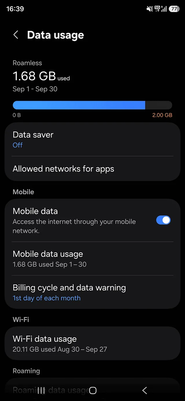 Phone shows 1.68 GB used on Roamless