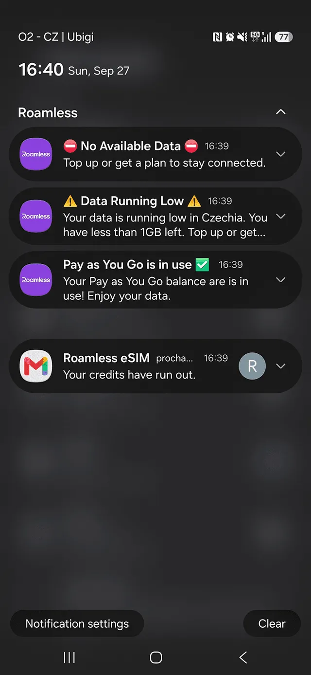 Roamless notifications when the data ran out