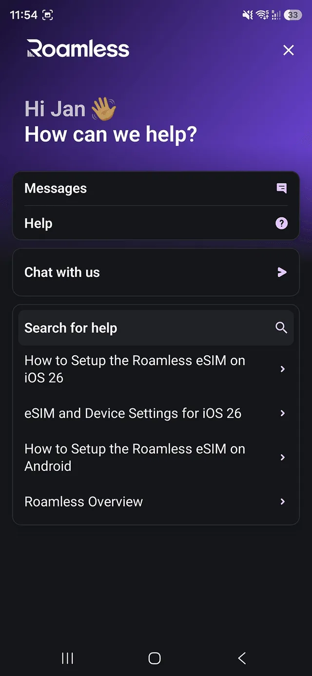 Roamless help center home screen