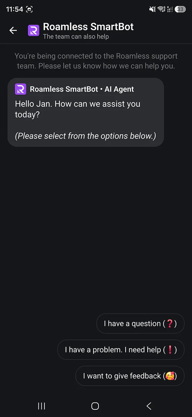 Roamless SmartBot AI agent chat start