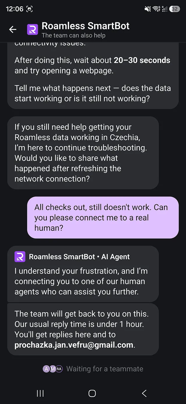 Roamless bot hands over to a human
