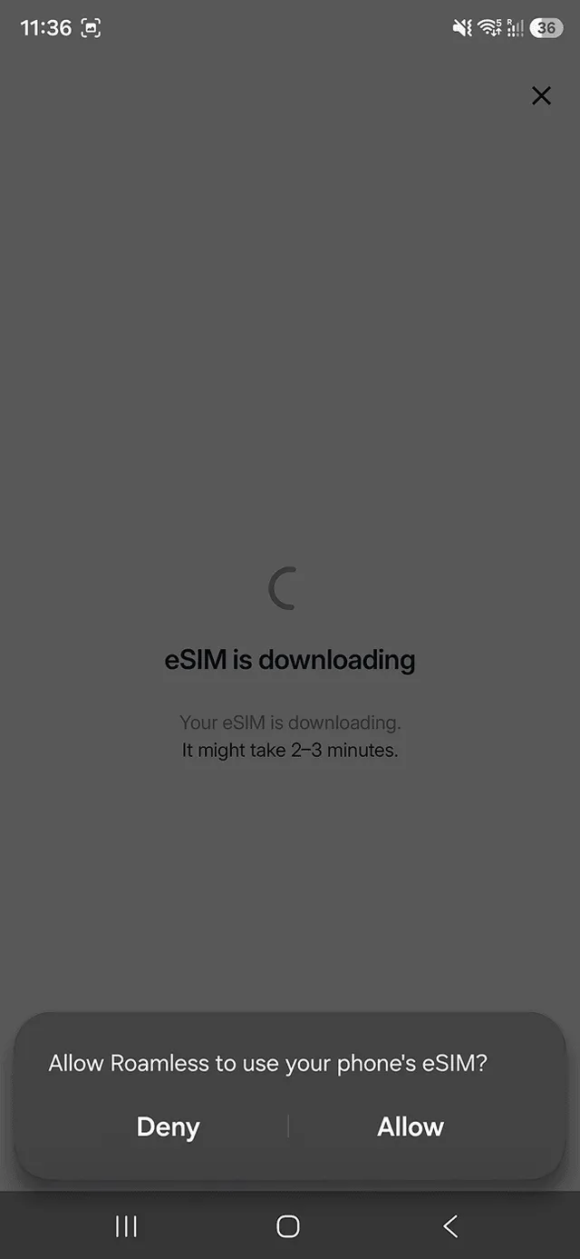 Roamless eSIM installation step 2: Android permission