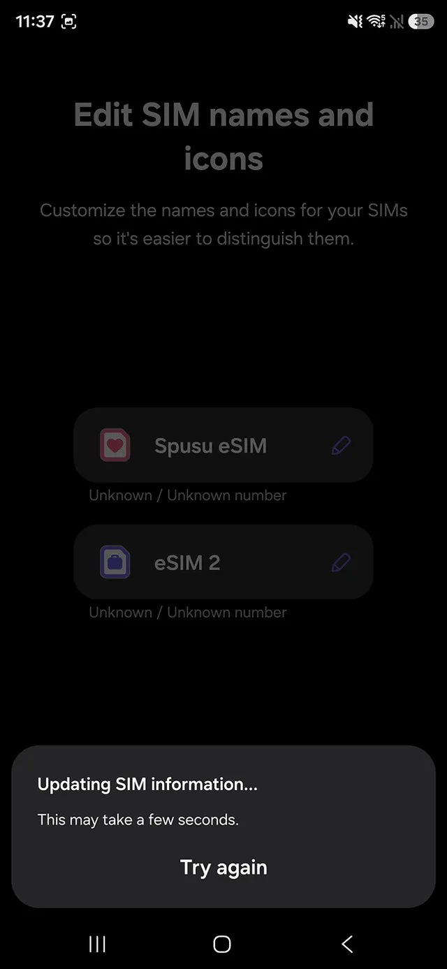 Roamless eSIM installation step 3: Samsung SIM names