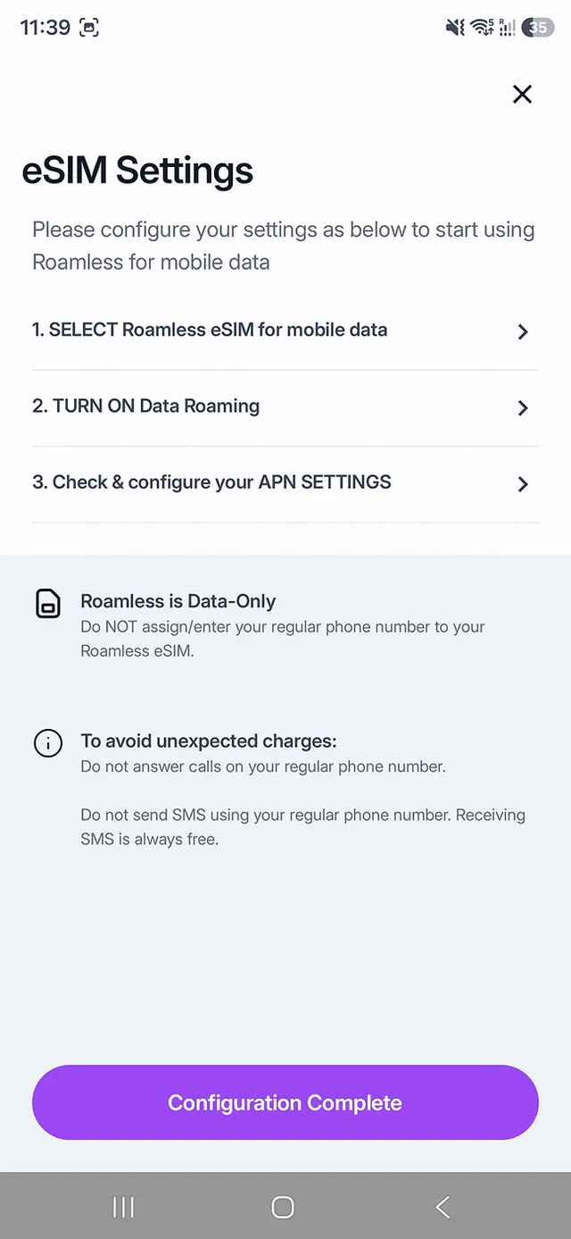 Roamless eSIM installation step 5: settings checklist
