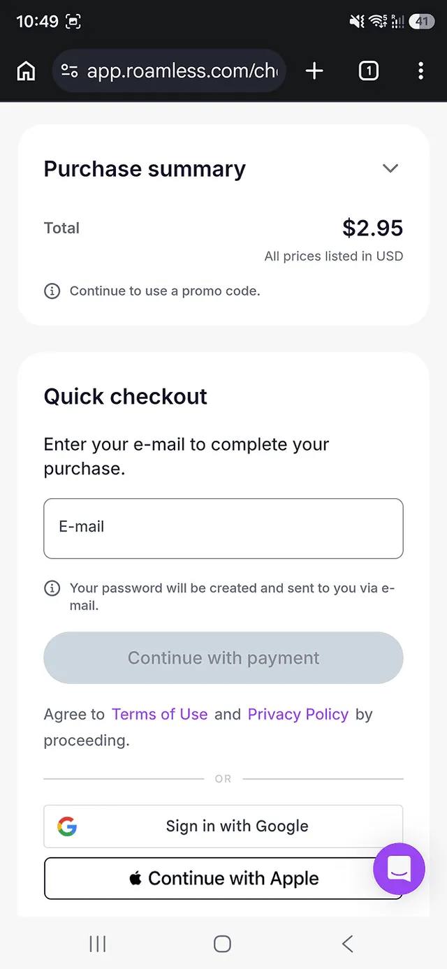 Roamless web checkout email step