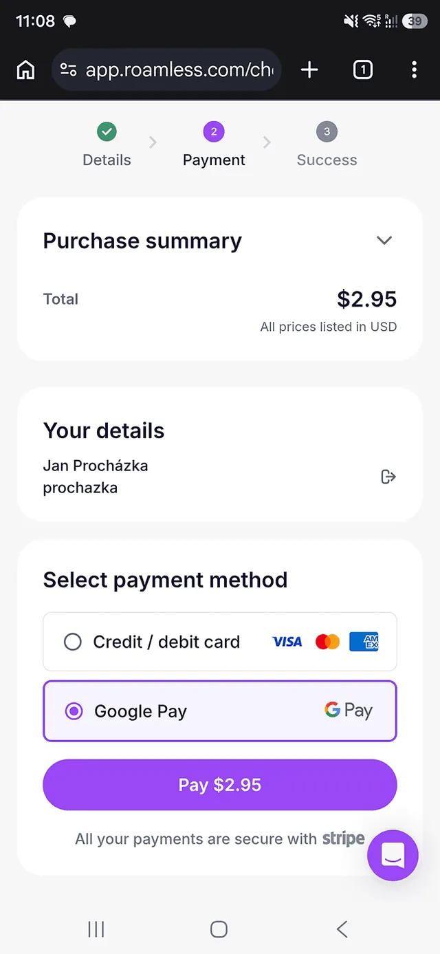 Roamless checkout payment methods via Stripe