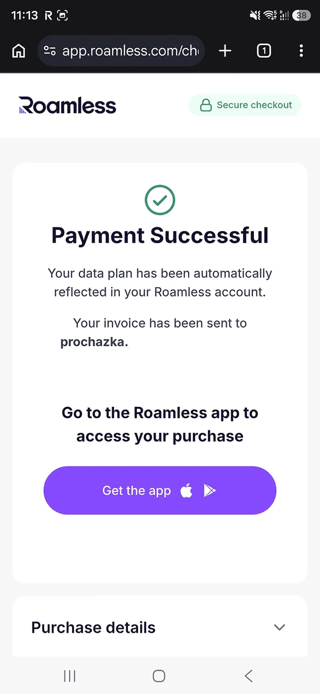 Roamless payment successful, get the app