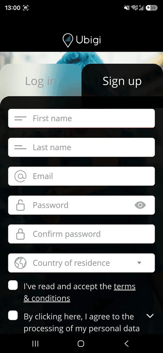 Ubigi app sign-up form