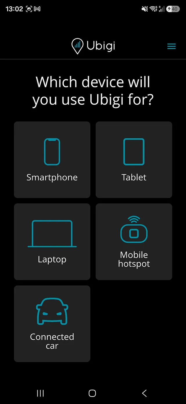 Ubigi app device type selection