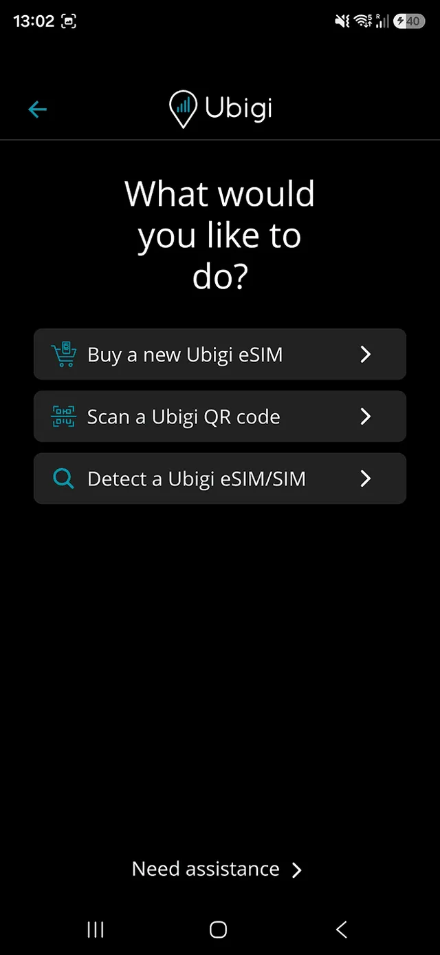 Ubigi app onboarding options