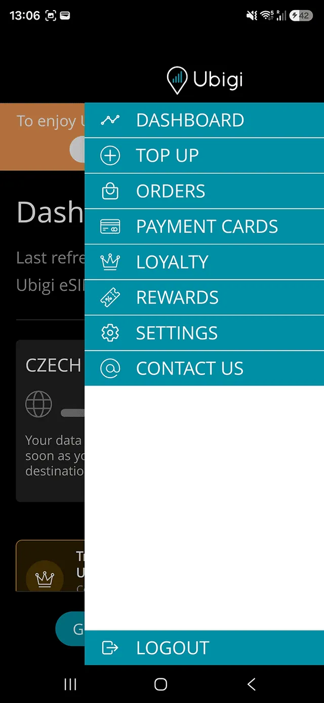 Ubigi app menu with Contact us last