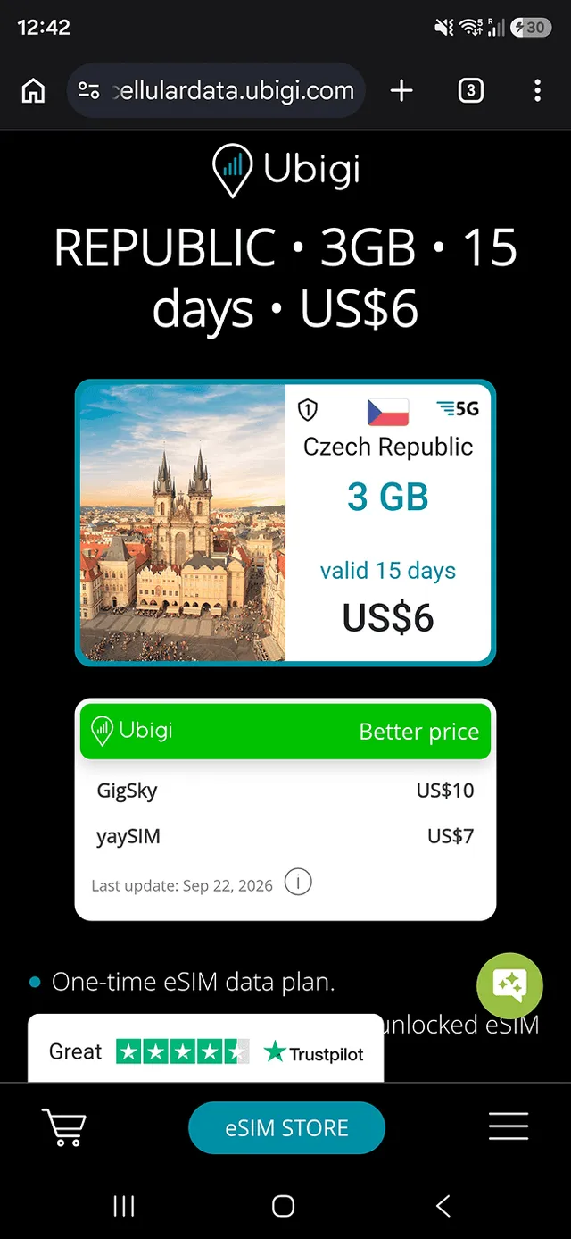 Ubigi website plan page for Czech Republic