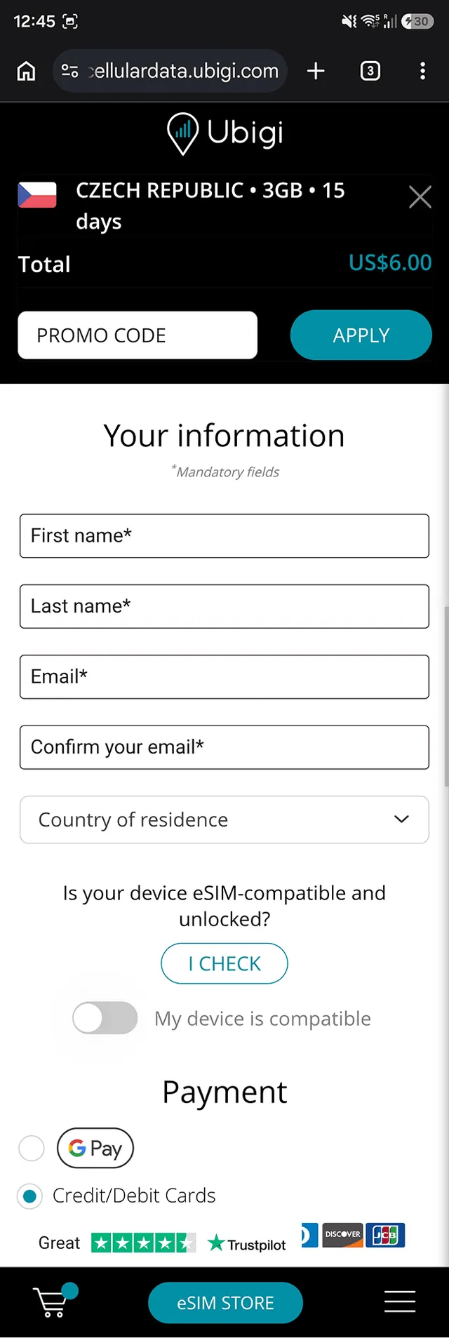 Ubigi web checkout with Google Pay