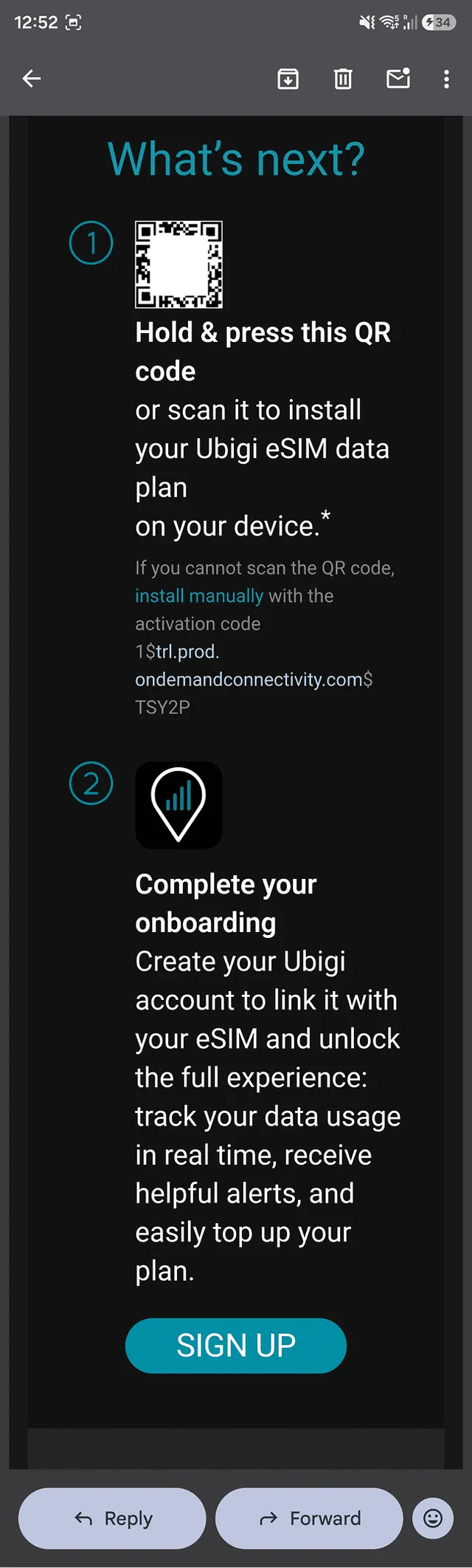 Ubigi order email with QR code