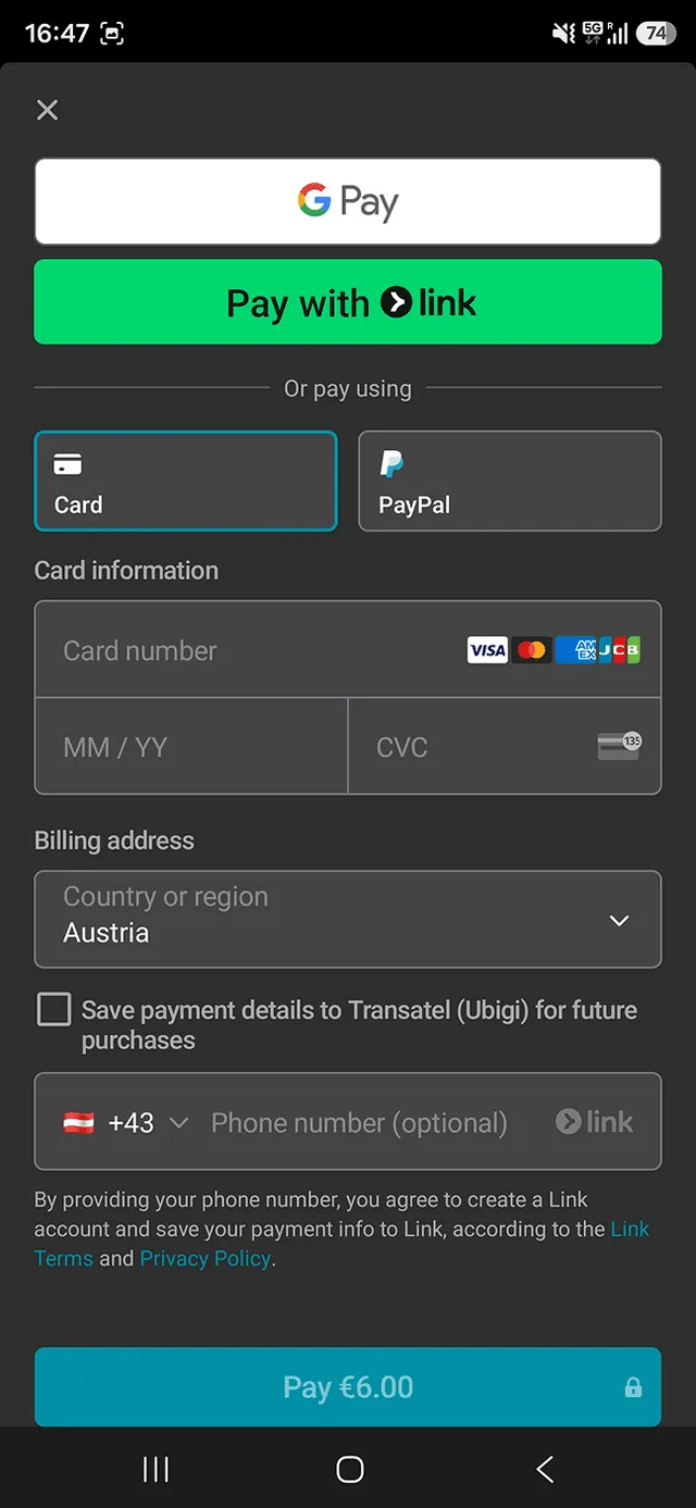 Ubigi in-app payment sheet with PayPal