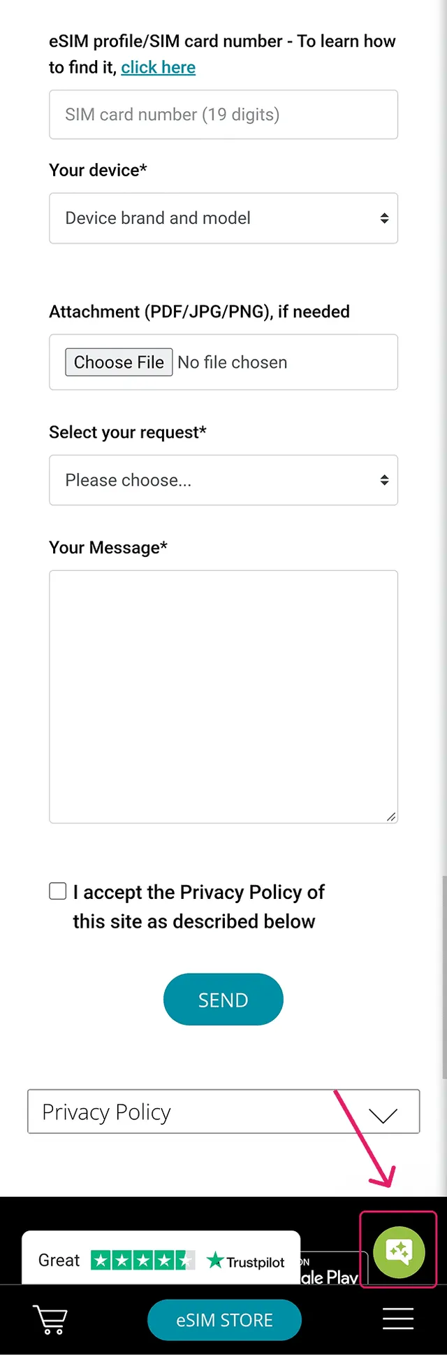 Ubigi web contact form and chat button
