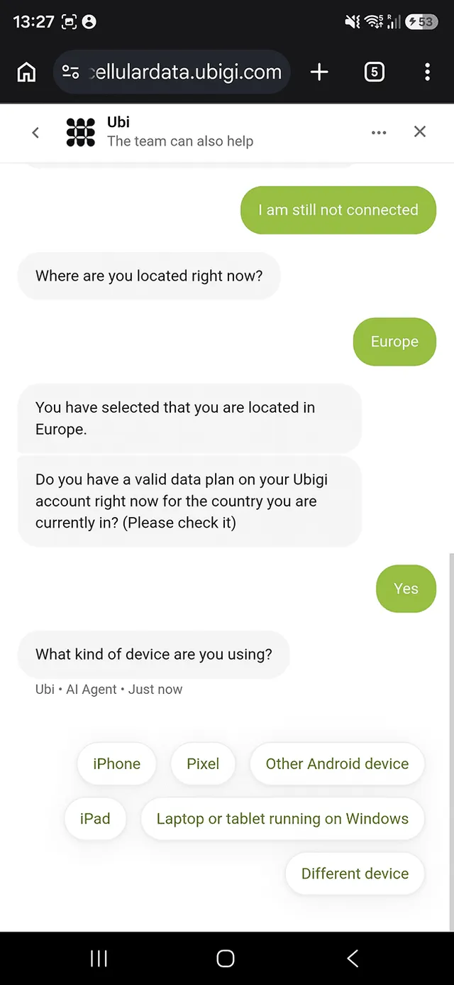 Ubigi chatbot asking about the device
