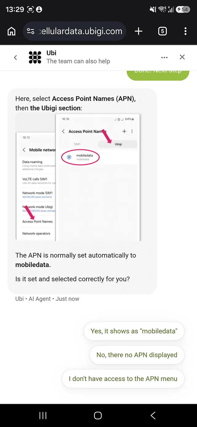 Ubigi chatbot APN troubleshooting