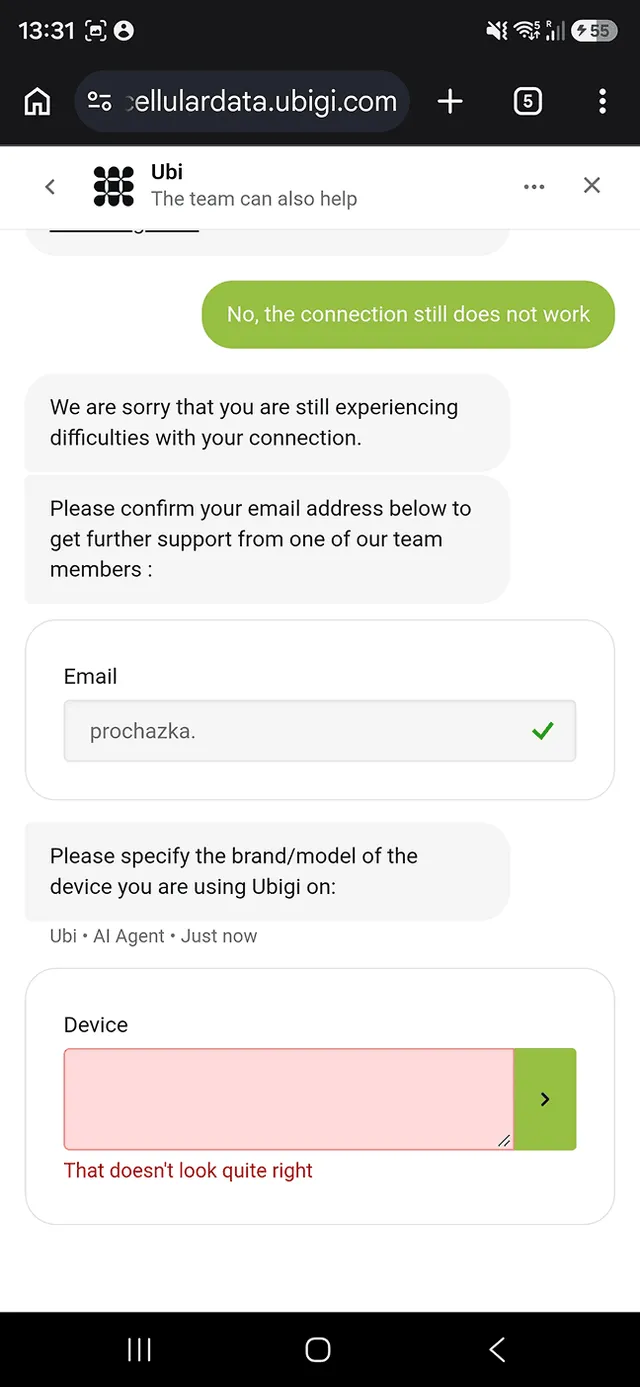 Ubigi chatbot escalation form