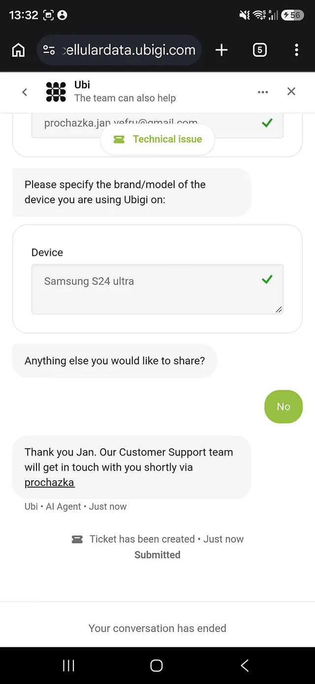 Ubigi support ticket created, chat ended