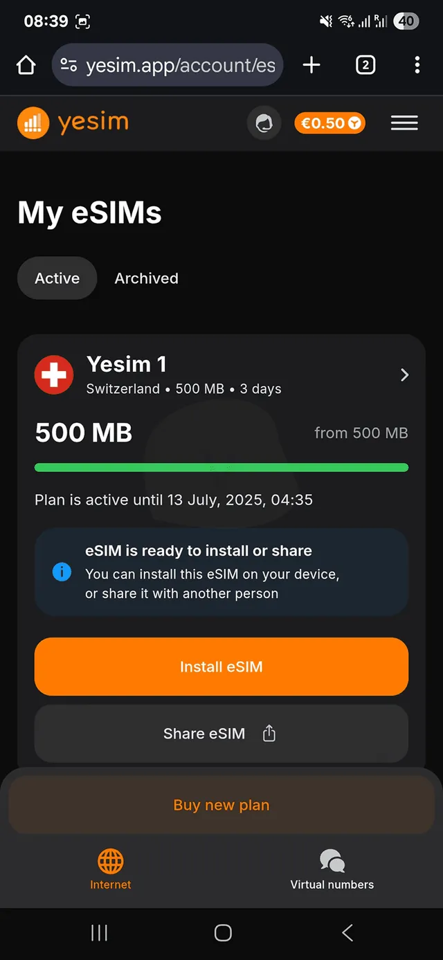 Instalacja Yesim eSIM - kod QR