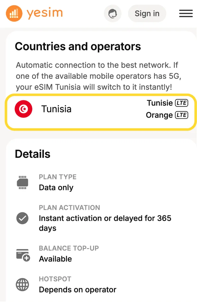 eSIM4Travel carrier selection in Tunisia